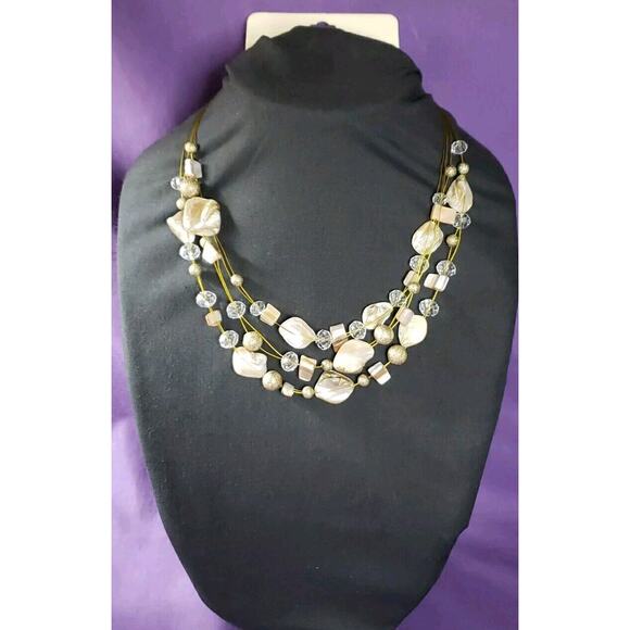 Sophia & Kate Layered Necklace Mother Of Pearl Shell Glass Beads Neutral Colors - Picture 1 of 8